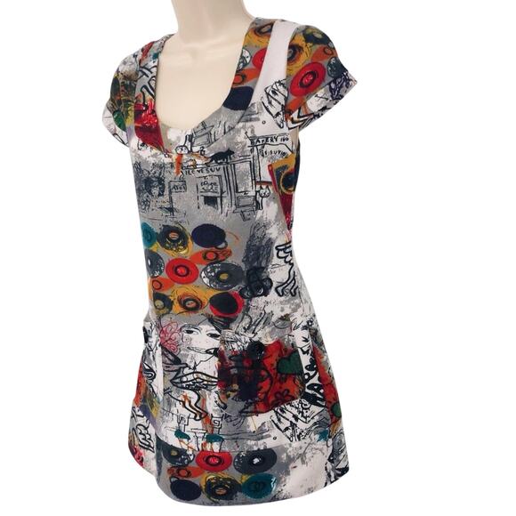 Papillon Mod Abstract Print Tunic Gray Red White Gold Scoop Neck Short Sleeve - Picture 3 of 16